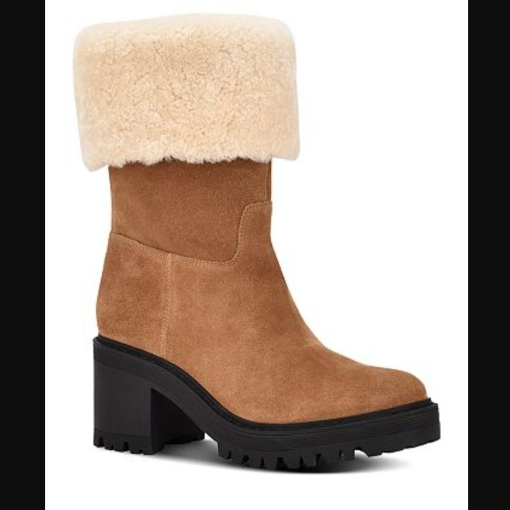 NEW Marc Fisher Sherpa Suede Leather Lug Sole Heel Platform Boot Brown Tan